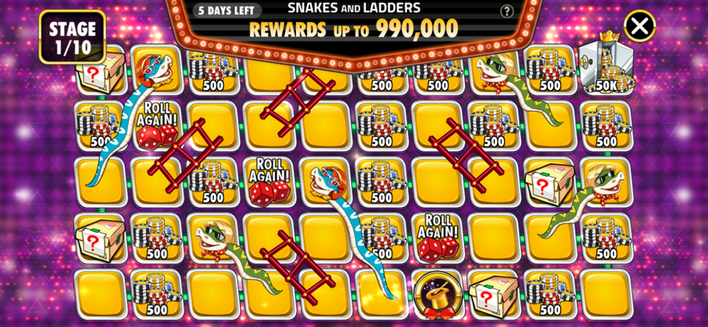 Snakes and Ladders mini game board showing chip rewards in House of Blackjack 21