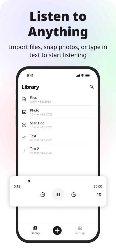 Koto AI Reader: Text To Speech - La aplicación Koto AI Reader mostrando una biblioteca de documentos con controles de reproducción de texto a voz.