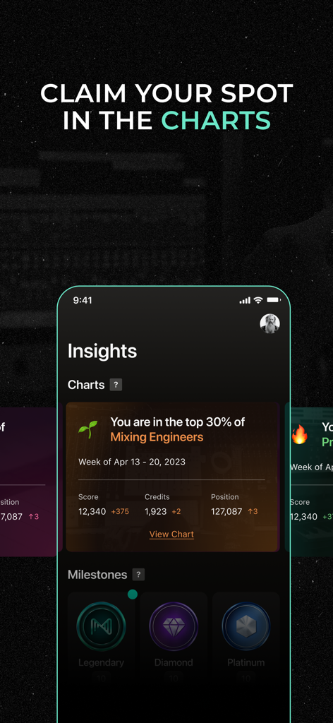 Muso.AI - 믹싱 엔지니어를 위한 전문적인 통찰력과 차트 순위를 보여주는 Muso.AI 앱 화면