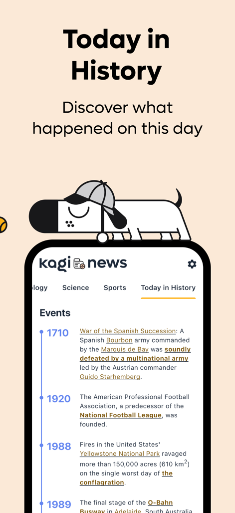 A smartphone screen from the Kagi News app showing a timeline of historical events