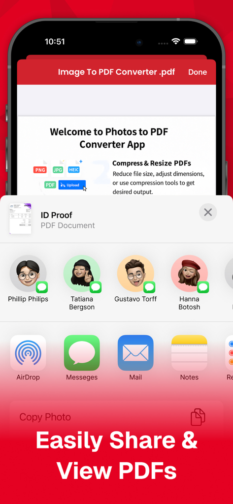 Sharing a PDF document from the Photos to PDF Converter App using the iOS share menu.