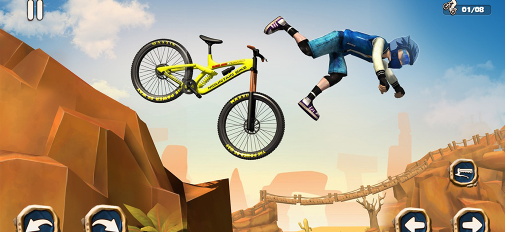 Dirt Bike Hill Racing Game - Un ciclista de montaña saliendo volando de su moto de montaña durante una caída en el aire en un entorno de cañón.