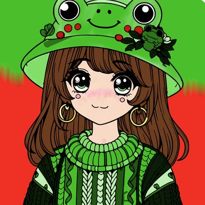realistic girl wearing frog sweater and a frog hat with frog earrings