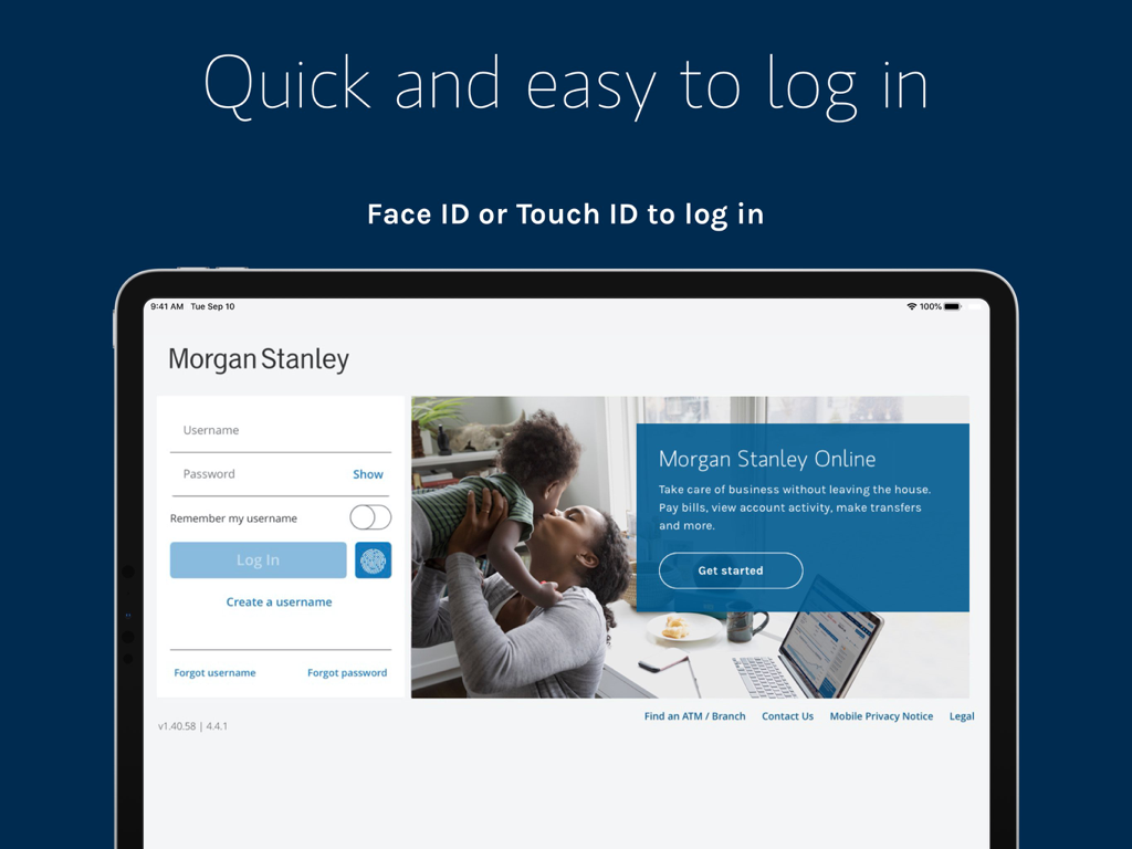 Morgan Stanley Wealth – Tablet - Secure login screen for the Morgan Stanley Wealth tablet app with Face ID and Touch ID support.