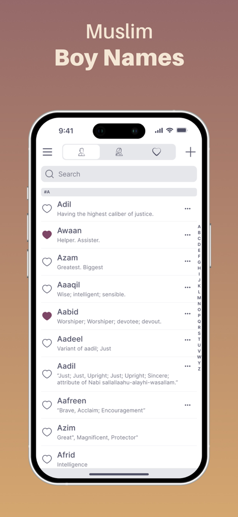 A list of Muslim boy names with meanings and search function in the app.