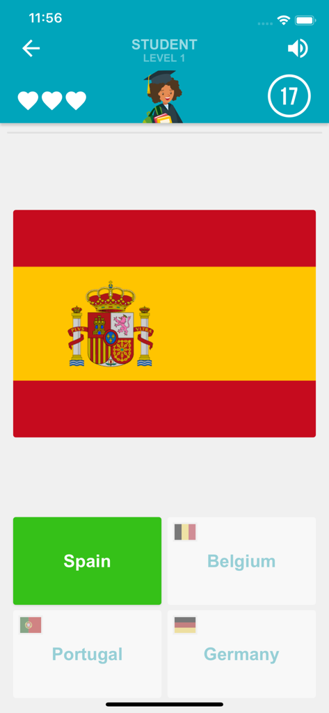 Flags of the World trivia game interface showing the flag of Spain with multiple choice country options