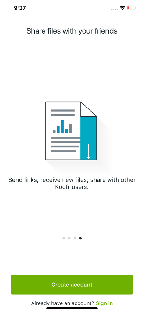 Koofr - Koofr app screen for sharing files and creating a new account
