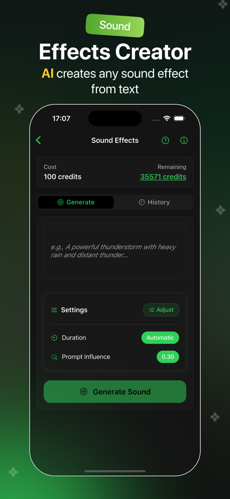 AI Voice Changer - TTS - Mobile screen showing AI sound effects creator with text input and generation settings