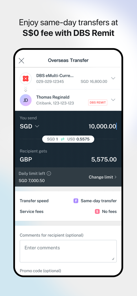 POSB digibank - POSB digibank app interface showing an overseas money transfer with same-day speed and zero fees via DBS Remit