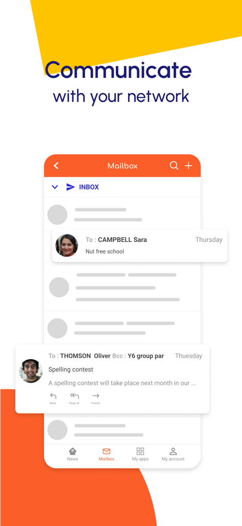 Interface de la boîte aux lettres de l'application ONE Pocket affichant les messages scolaires et les communications des enseignants.