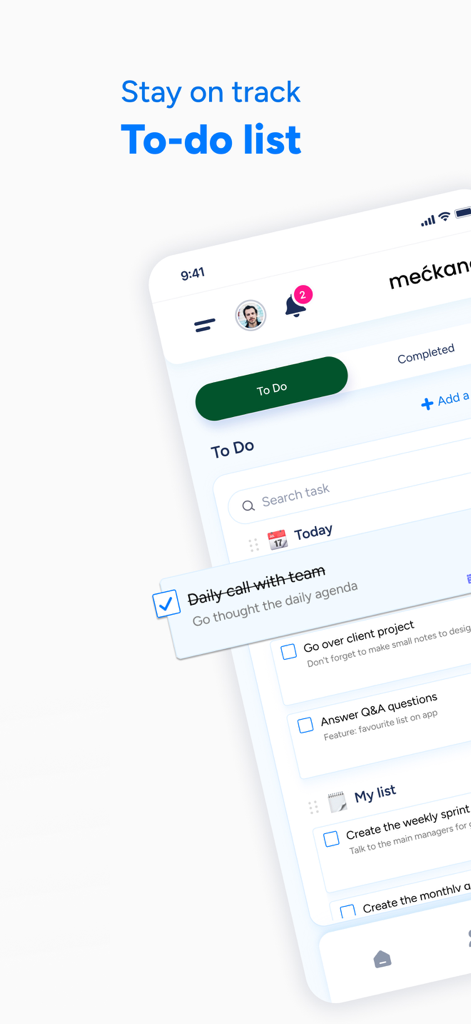 Meckano mobile app to-do list interface for employees