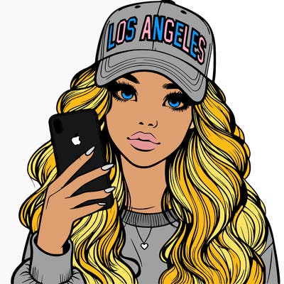 realistic beautiful girl wearing los ángeles cap holding an iphone