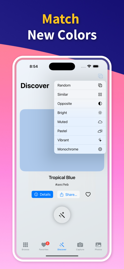 Tropical Blue 색상 견본과 유사하거나 반대되는 색상을 일치시키는 메뉴가 있는 Discover 기능을 보여주는 모바일 앱 인터페이스