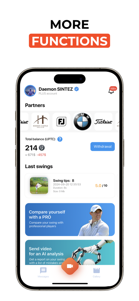 UpT: Your Golf Coach & AI - Panel de la aplicación UpT Golf con seguimiento del rendimiento del swing y opciones de análisis de IA