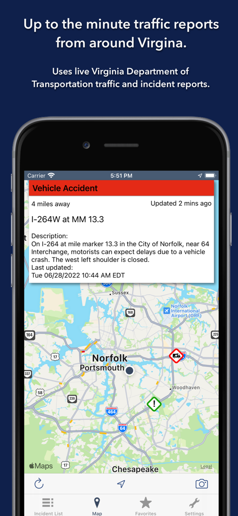 Map view of the Virginia State Roads app showing a vehicle accident report in Norfolk