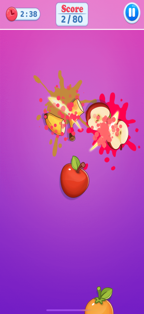 Pink Princess Learning Phone - A fruit slicing mini game interface from the Pink Princess Learning Phone app featuring sliced apples and bananas on a pink background.
