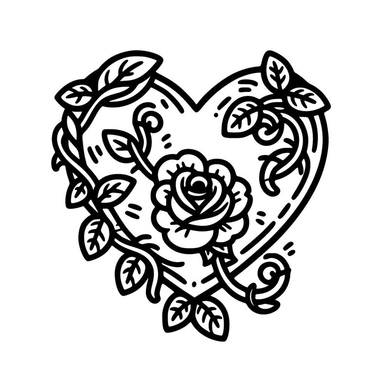 heart with a rose in the middle with vines hanging down