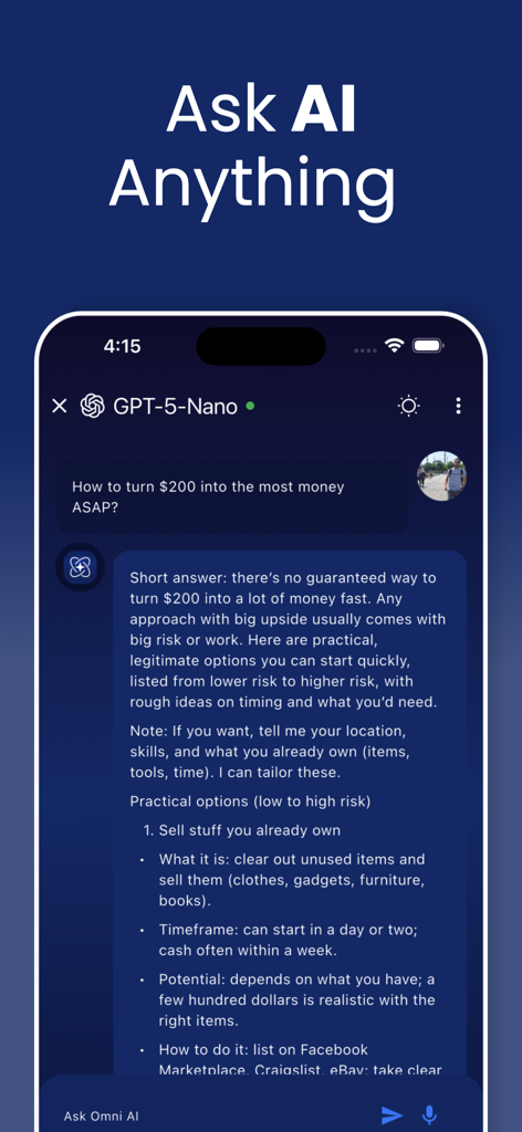 Omni AI - ChatBot Assistant - Interfaz móvil de Omni AI ChatBot Assistant mostrando una conversación de chat respondiendo una pregunta financiera