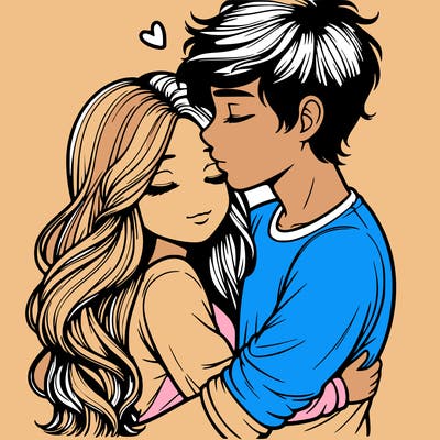 a realistic couple boy and girl hugging and kissing