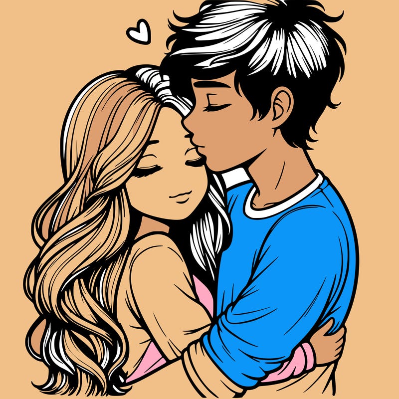 a realistic couple boy and girl hugging and kissing