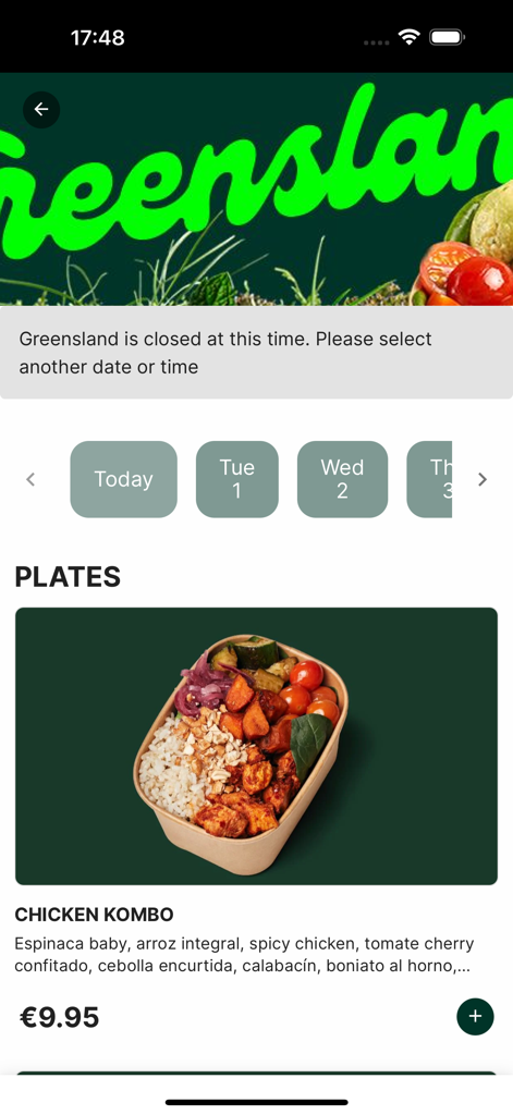 Kombo - Komboアプリインターフェース。Greenslandケータリングからのヘルシーなチキンボウルメニューアイテムを表示しています。