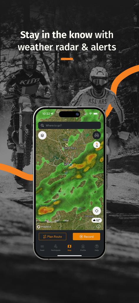 REVER mobile app displaying real-time weather radar and motorcycle navigation map