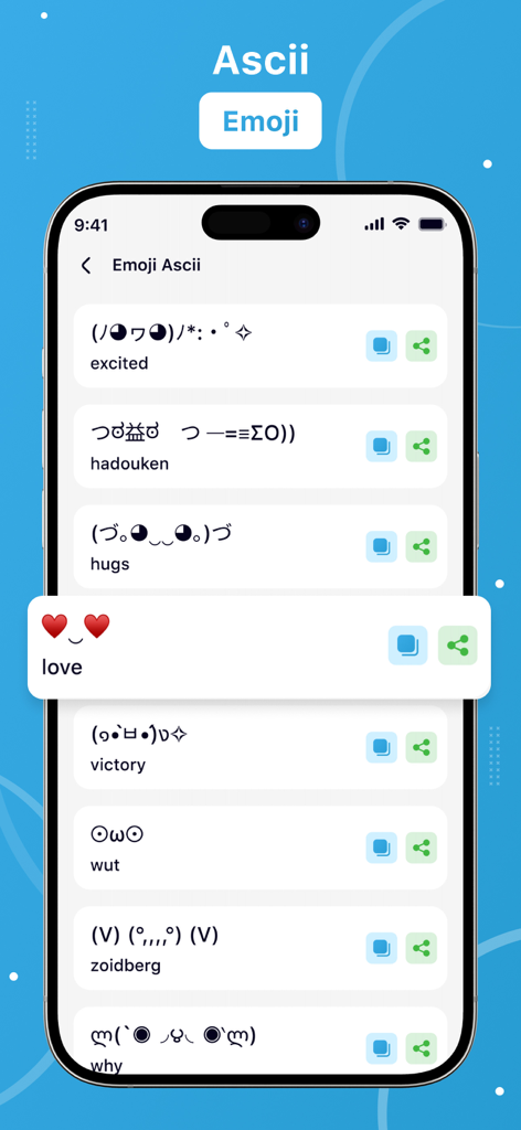 Interfaz que muestra una colección de emoticonos de texto ASCII para mensajería.