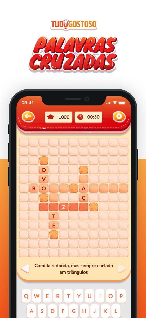 Crossword game interface in the TudoGostoso recipe app featuring food related words and clues.