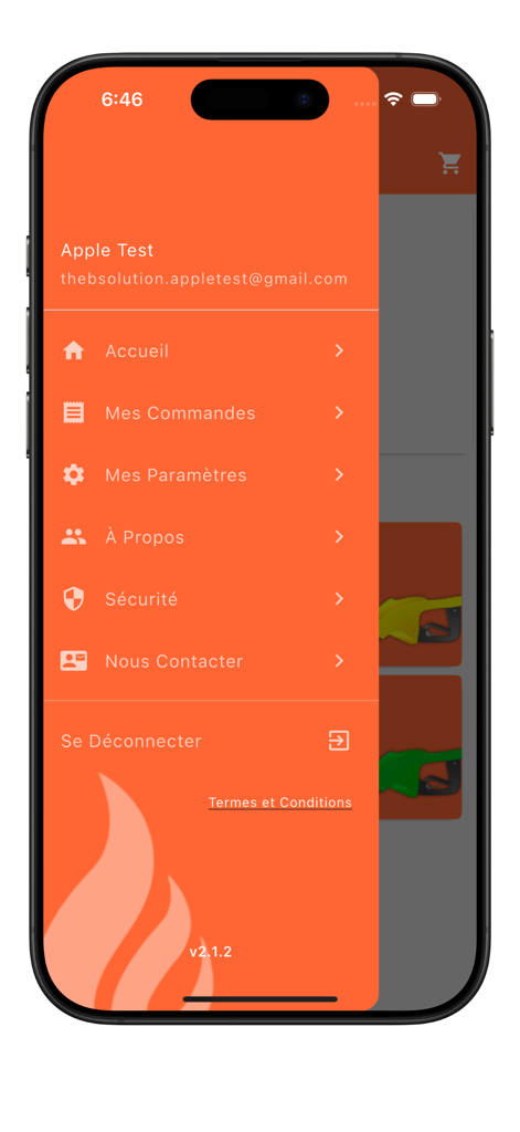 Side navigation menu of TheBsolution fuel delivery app showing home, orders, settings, and contact options.