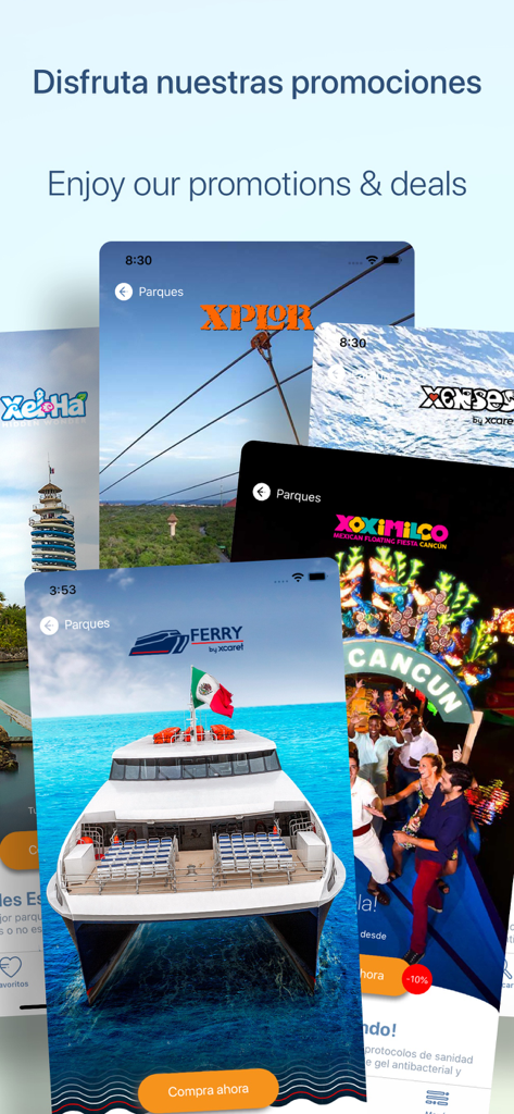 Xcaret app screens showing promotions for theme parks and ferry services in Mexico