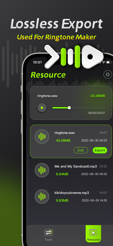 Screenshot dell'interfaccia dell'app Audio Editor che mostra le opzioni di esportazione lossless e un elenco di risorse audio per la creazione di suonerie