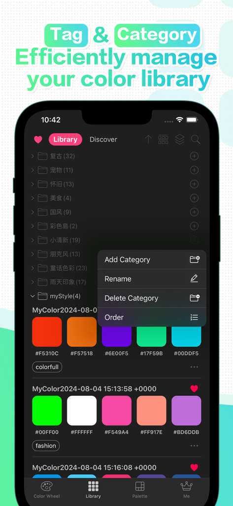 JoyColor: Your color assistant - Interfaz de la aplicación JoyColor que muestra paletas de colores organizadas con etiquetas y carpetas de categorías
