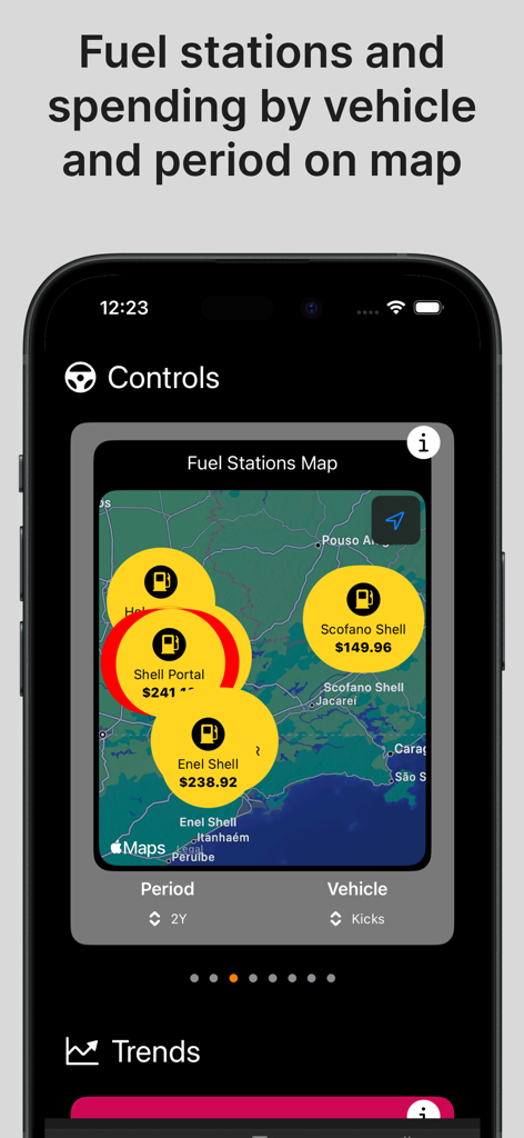 Fuel Tracker - Gas & Mileage - Vista de mapa de la aplicación Fuel Tracker que muestra el historial y las ubicaciones de los gastos en gasolineras