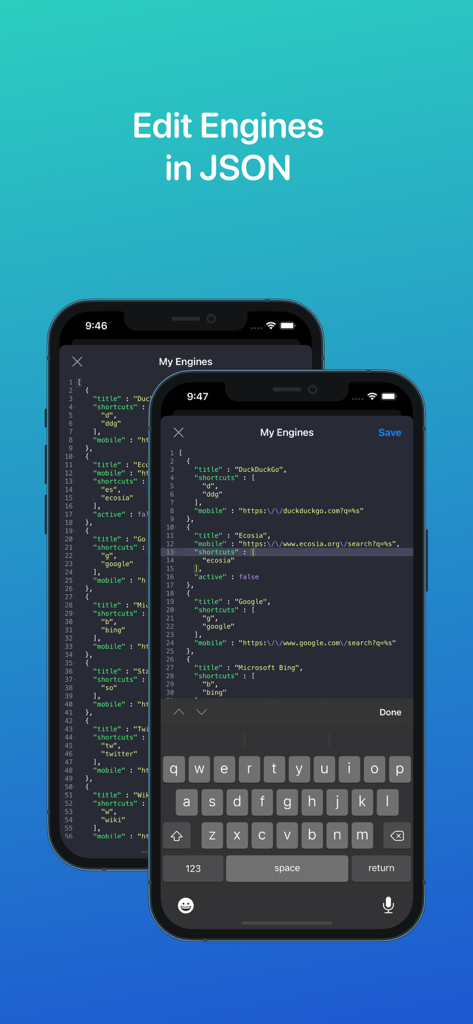 iPhone screen showing the JSON editor interface for customizing search engine shortcuts in xSearch for Safari.