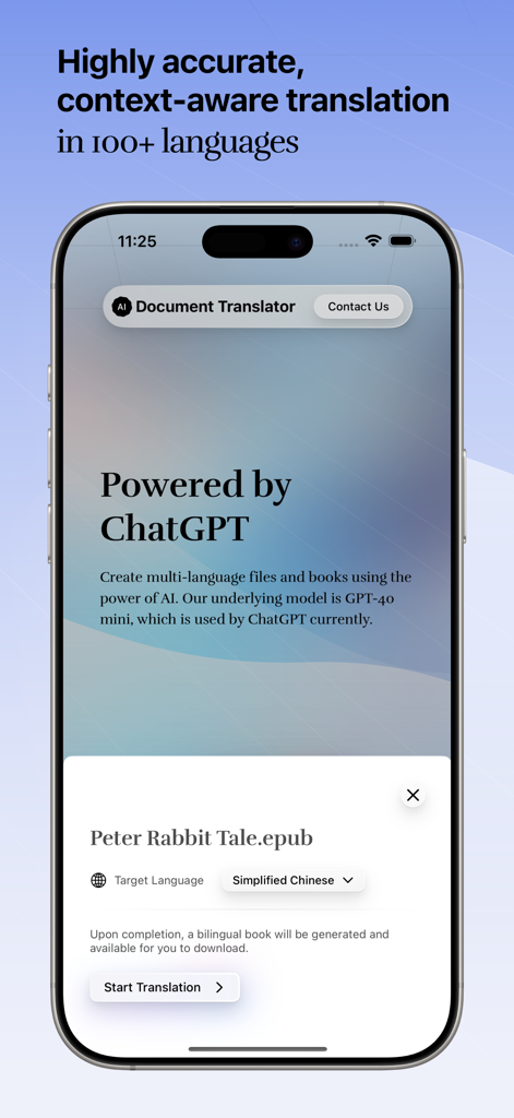 eBook Translator: AI Translate - Interfaz de la aplicación eBook Translator mostrando la traducción impulsada por IA de un archivo epub a chino simplificado