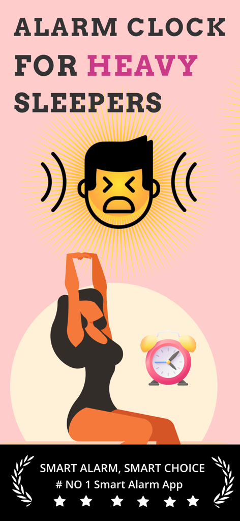 Alarmy intelligenter Wecker App-Werbung für Tiefschläfer, die eine Person beim Aufwachen und ein lautes Wecker-Symbol zeigt