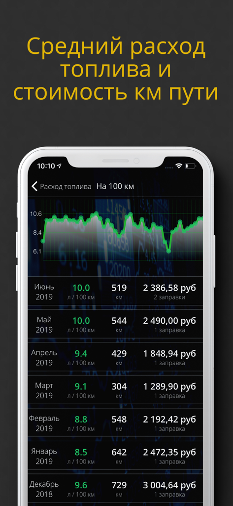 A graph and a table showing monthly fuel consumption and costs for a vehicle in the My Auto app.