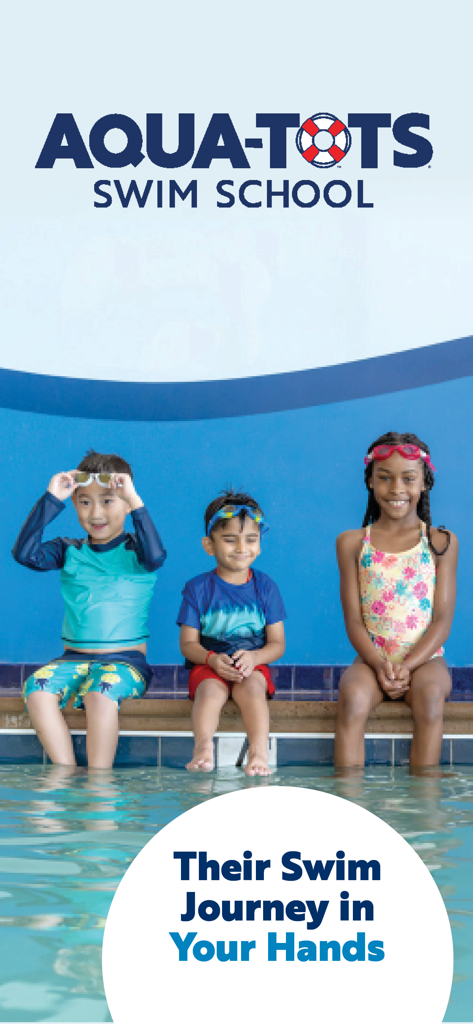 Aqua-Tots - Children sitting poolside with the Aqua-Tots Swim School logo and slogan.