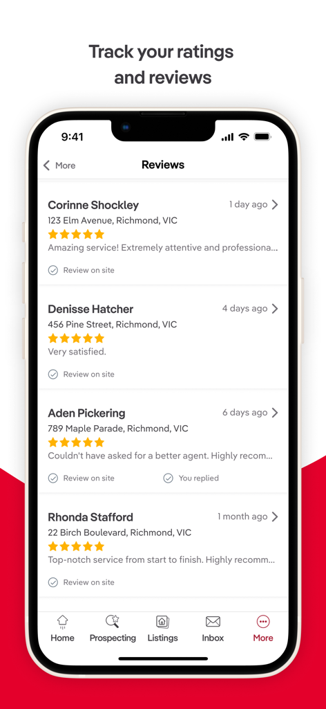 Ignite by realestate.com.au - Mobile screen showing a list of customer ratings and reviews for a real estate professional