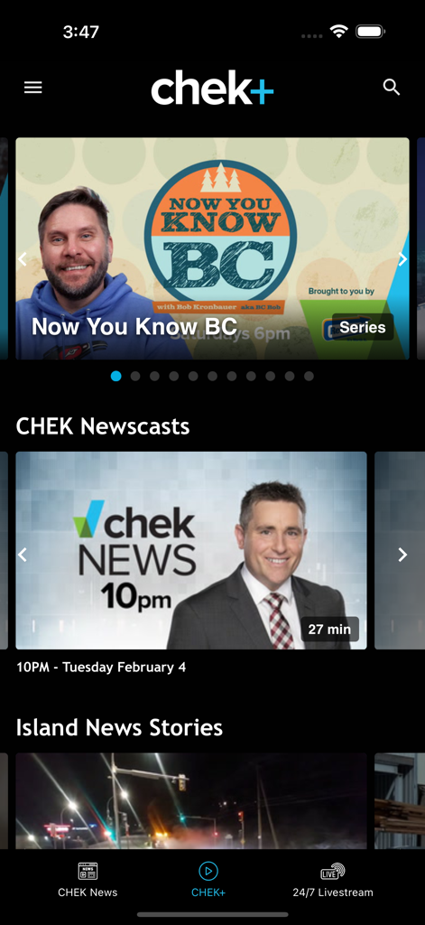 CHEK Mobile - Interfaz de la aplicación CHEK Mobile con noticieros locales y noticias de la isla