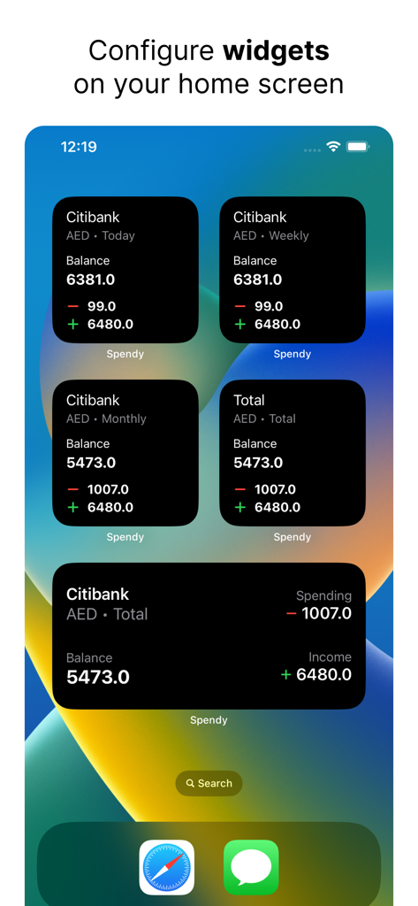 Spendy - Spendings reimagined - iPhone home screen displaying several Spendy finance widgets showing account balances and spending summaries