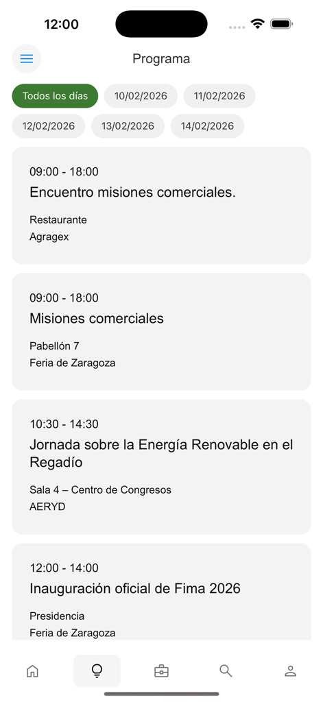 Exibição do aplicativo FIMA Agricola mostrando uma agenda diária de eventos e missões comerciais para a feira agrícola.