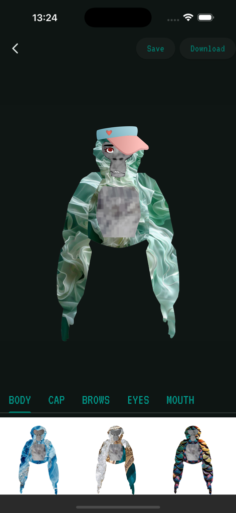 Ein Bildschirm aus der Gtag Mods App, der die Anpassung eines Gorilla-Charakters mit einzigartigen Texturen und Accessoires zeigt.