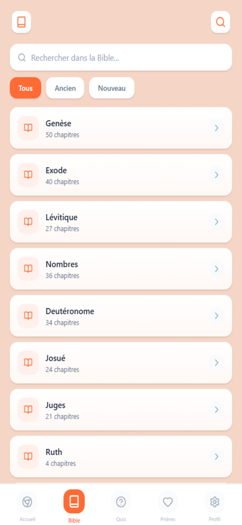 Screenshot of the French Bible app displaying the list of biblical books and chapter counts