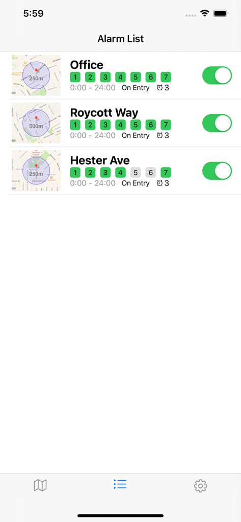 Map Alarm-alert on locations - Alarm list screen showing geofenced locations for office and streets with active toggles