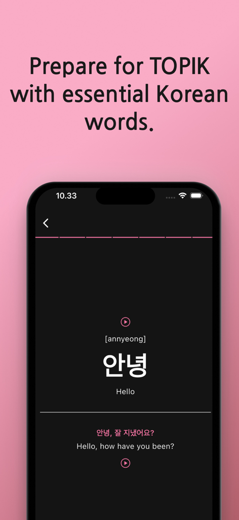 Master TOPIK Voca: Korean Town - 「こんにちは」という韓国語の単語、発音、例文が表示されているMaster TOPIK Vocaアプリのインターフェース。