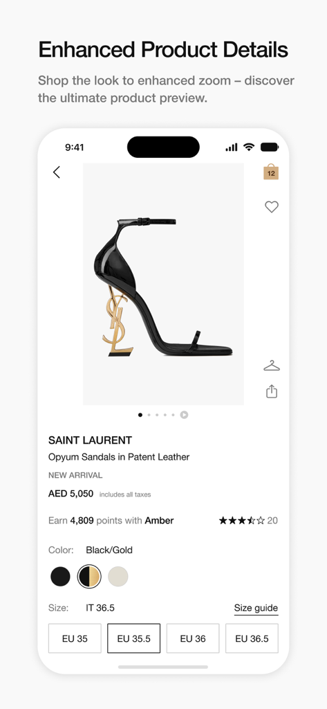 Bloomingdale’s Middle East - ブルーミングデール 中東モバイルアプリのサンローラン製品詳細ページ。サンダル、価格、ロイヤルティポイントを表示。