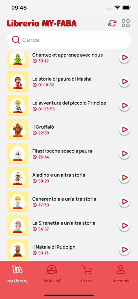 MyFaba app interface showing a library of children's audio stories with character icons and play buttons