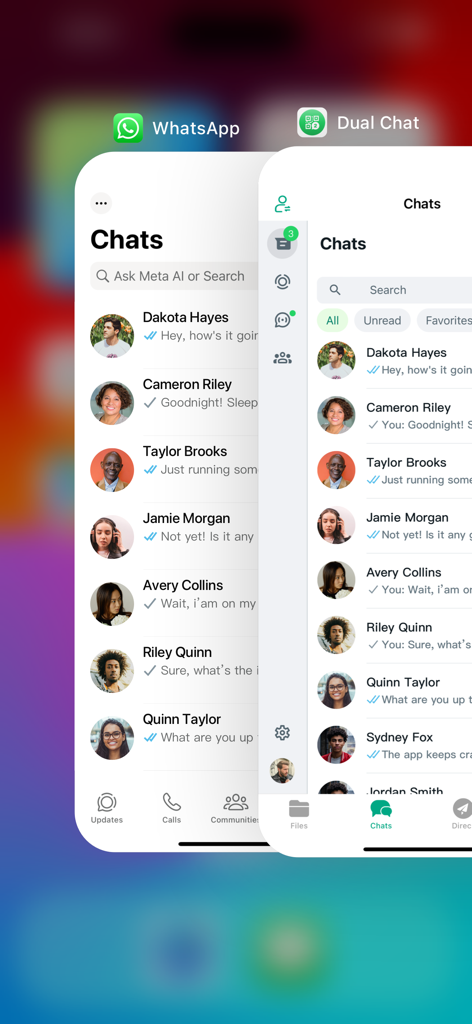 Clonapp Messenger - WA Web - Comparison between the official WhatsApp interface and the Clonapp Dual Chat interface showing multiple account management.