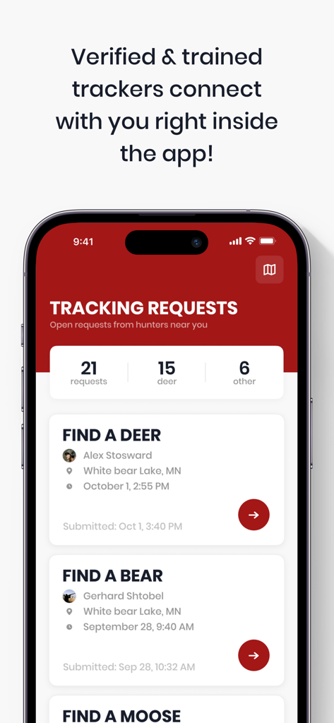 TRAKR app - Una interfaz de aplicación móvil para TRAKR que muestra una lista de solicitudes de rastreo de caza activas para ciervos y osos.